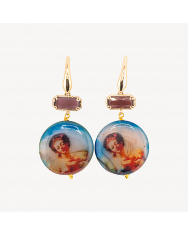 Orecchini a Perno Chiuso Di Bronzo Con Agata Pantografata Viola E Occhio Di Gatto Indaco 30x65mm-ORECCHINI MADE WITH STYLE | Worldofjewel.com