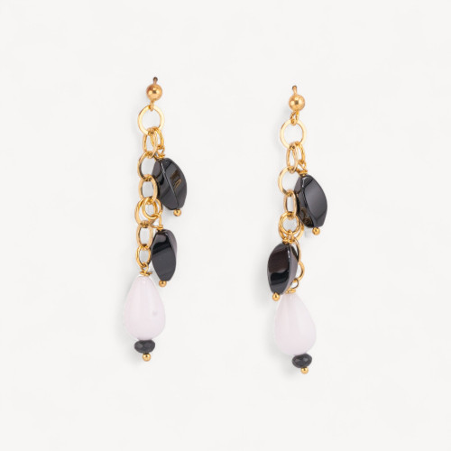 Boucles d'oreilles puces en argent 925 avec pendentif en onyx torsadé et agate blanche, 12 x 60 mm