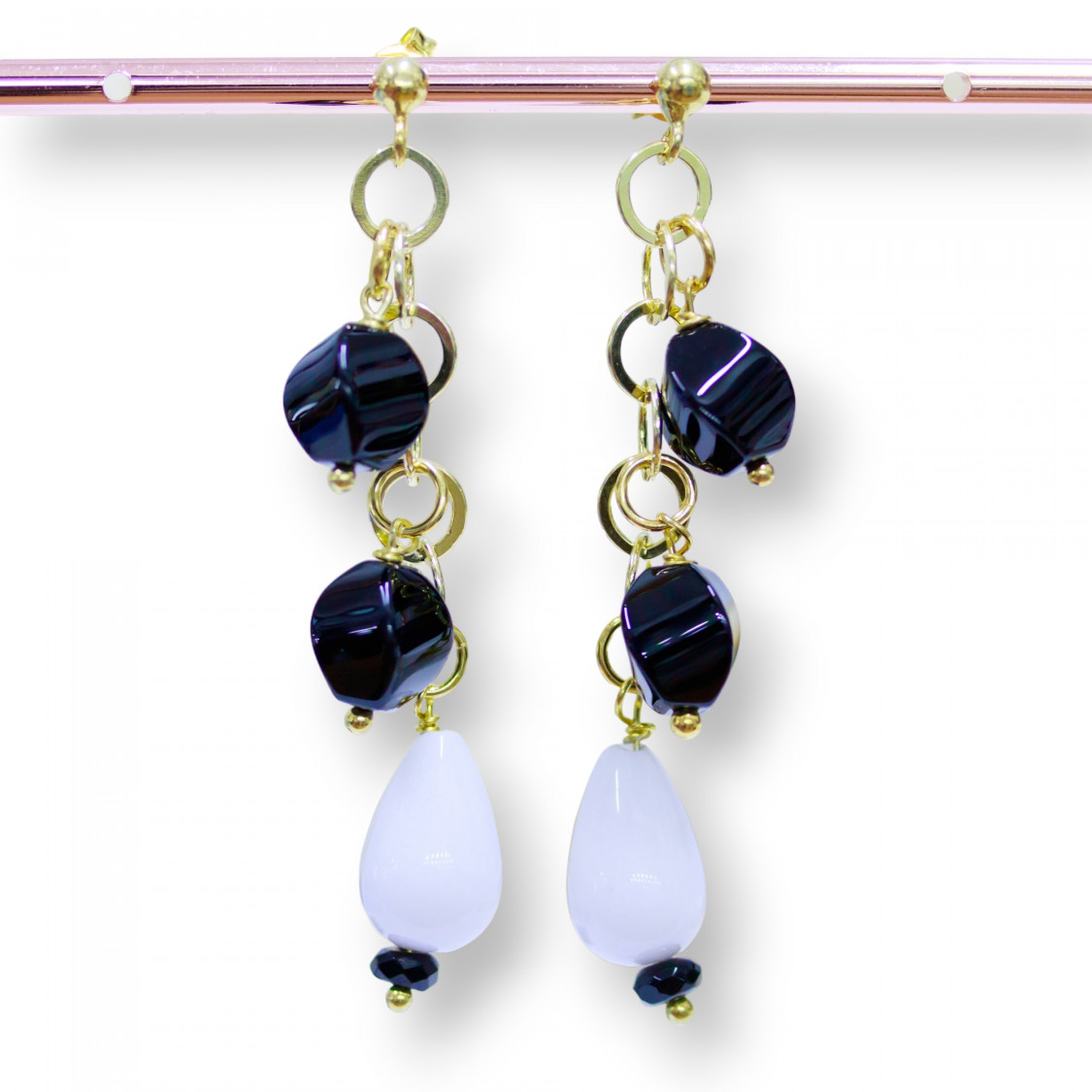 Orecchini A Perno Di Argento 925 Con Onice Twist E Agata Bianca A Goccia 12x60mm-ARGENT 925 DESIGN ITALIE | Worldofjewel.com