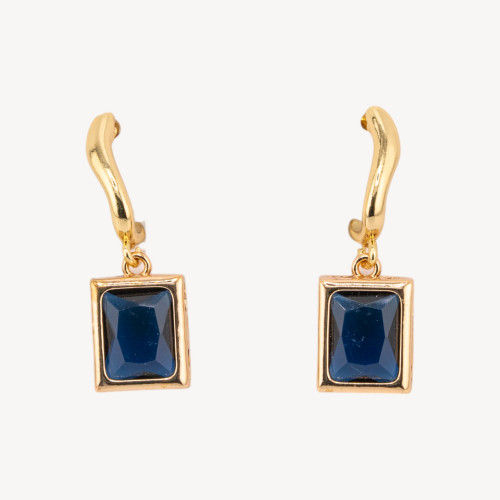 Pendientes rectangulares de bronce con cristales de zafiro azul bañados en oro de 10 x 30 mm