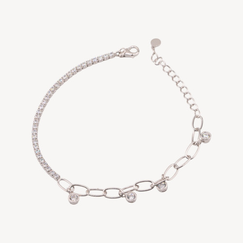 Pulsera de tenis de plata 925 con circonitas y cadena extensible con colgante bañado en rodio blanco transparente.