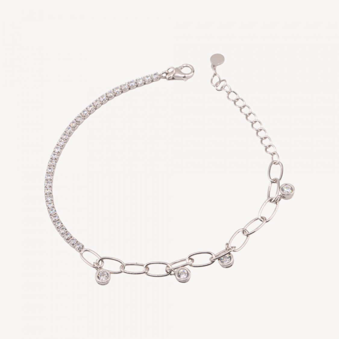 Bracelet de tennis en argent 925 avec zircon et chaînette d'extension, orné d'un pendentif en rhodium blanc transparent.-BRACELETS DE TENNIS | Worldofjewel.com