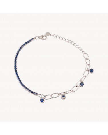 Bracciale In Argento 925 Tennis Con Zircone E Catena Estensore Con Pendente Rodiato Blu Zafiro-TENNISARMBÄNDER | Worldofjewel.com