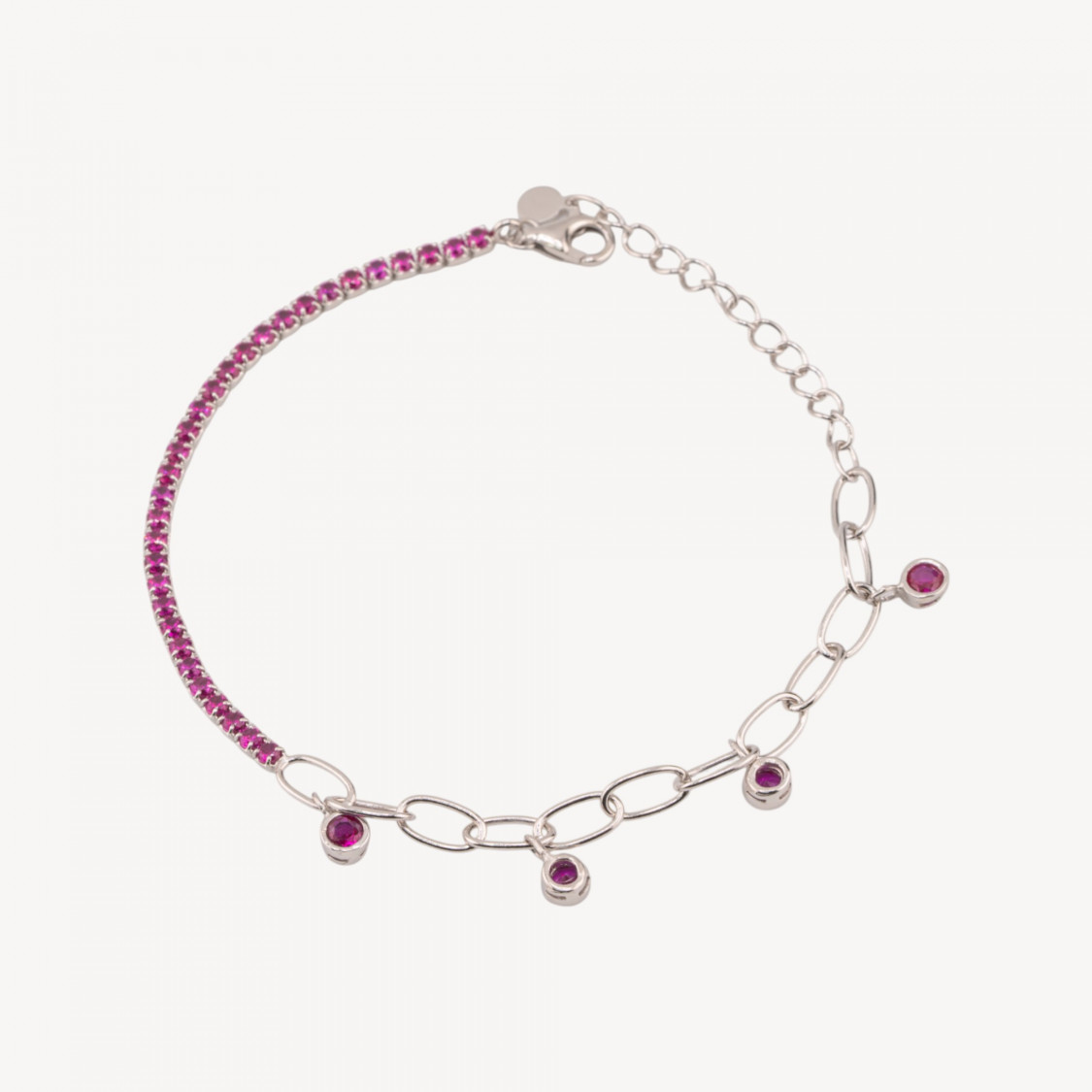 Bracciale In Argento 925 Tennis Con Zircone E Catena Estensore Con Pendente Rodiato Rosso Ruby-TENNIS BRACELETS | Worldofjewel.com
