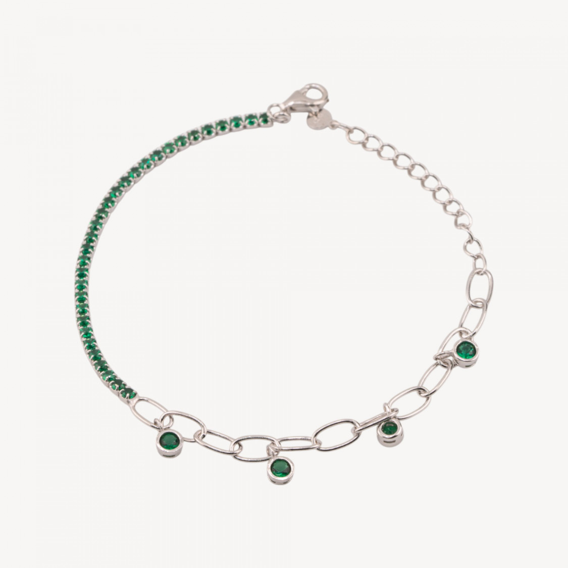 Bracciale In Argento 925 Tennis Con Zircone E Catena Estensore Con Pendente Rodiato Verde Smeraldo-ΒΡΑΧΙΟΛΙ ΤΕΝΙΣ | Worldofjewel.com