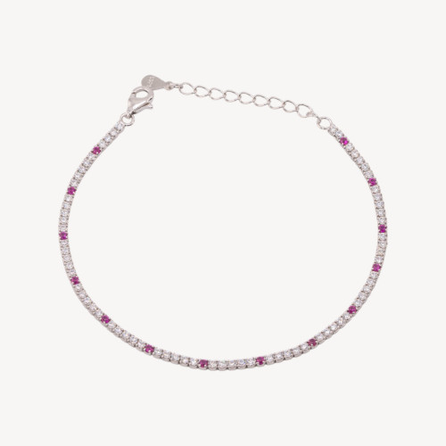 925 Silver Tennis Bracelet with Lobster Clasp and 1.5mm Zirconia, 2.0mm External Diameter, White Rhodium and Ruby Red
