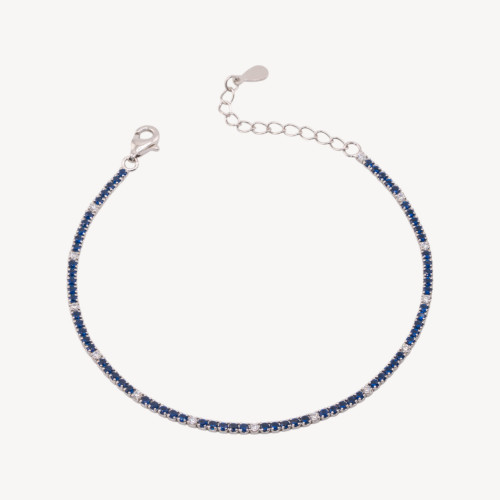 925 Silver Tennis Bracelet with Lobster Clasp and 1.5mm Zirconia, 2.0mm Rhodium-Plated Exterior, Sapphire Blue and White