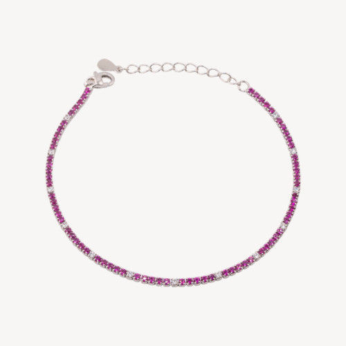 925 Silver Tennis Bracelet with Lobster Clasp and 1.5mm Zirconia, 2.0mm Rhodium-Plated Exterior, Ruby Red and White