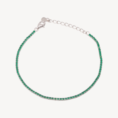 925 Silver Tennis Bracelet with Lobster Clasp and 1.5mm Zirconia, 2.0mm Rhodium-Plated Emerald Green Exterior