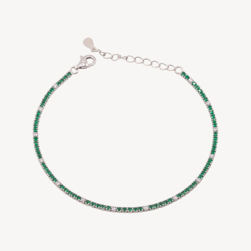 925 Silver Tennis Bracelet with Lobster Clasp and 1.5mm Zirconia, 2.0mm Rhodium-Plated Exterior, Emerald Green and White