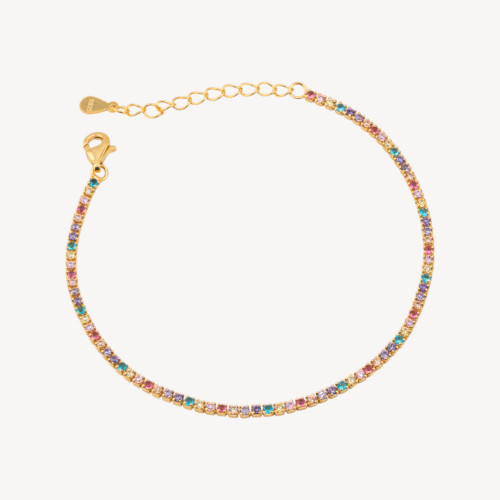 925 Silver Tennis Bracelet with Lobster Clasp and 1.5mm Zirconia, 2.0mm External, Multicolor Gold