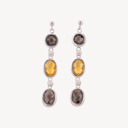 Pendientes de Plata 925 con Cuarzo Ahumado y Topacio Amarillo 12x70mm Baño de Rodio