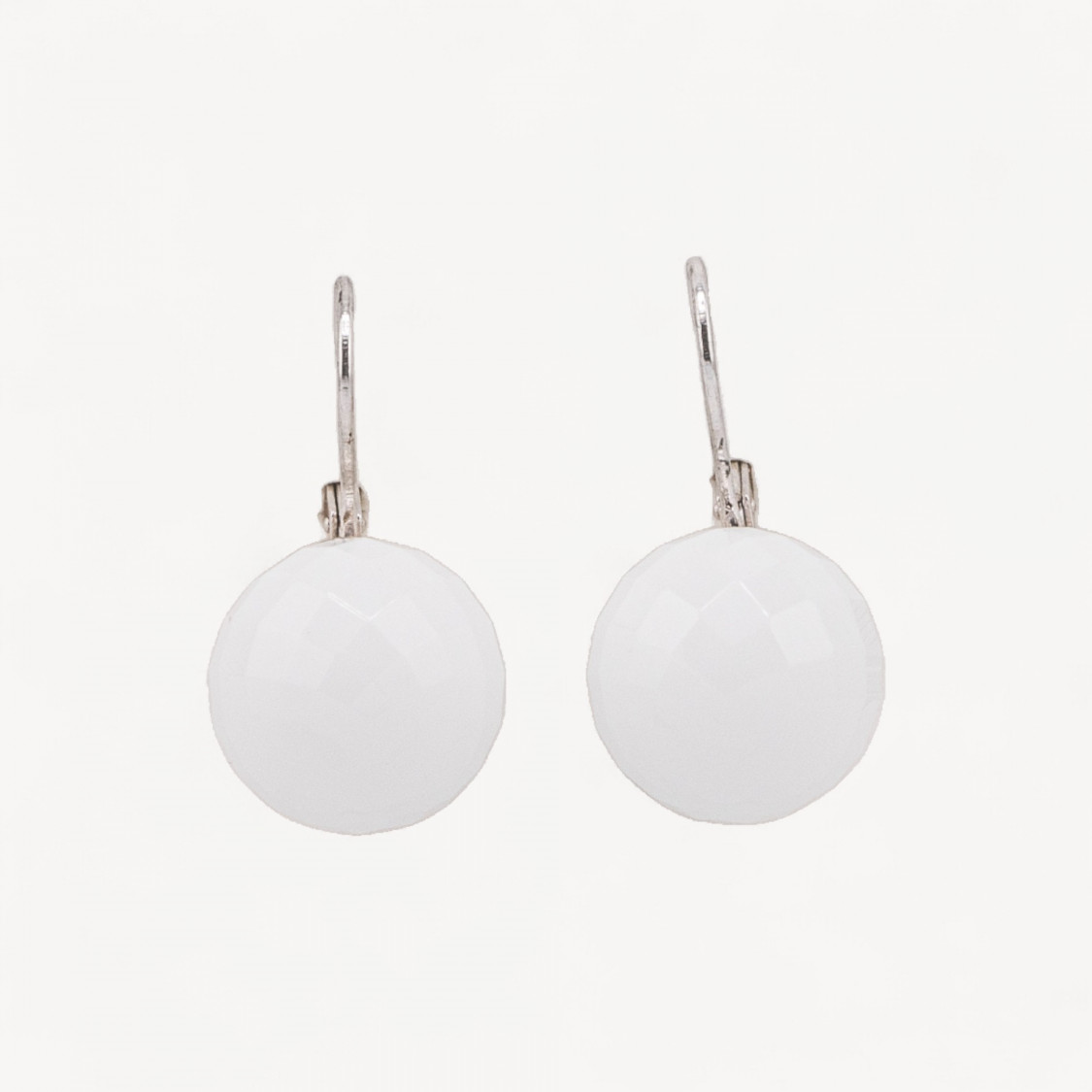 925 Silver Closed Leverback Earrings with White Agate Faceted Sphere 14x27mm-SILVER 925 DESIGN ITALY | Worldofjewel.com