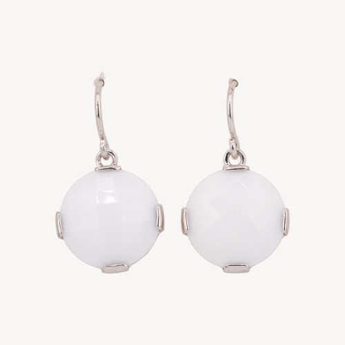 925 Silver Flat Round White Agate Leverback Earrings 17x30mm