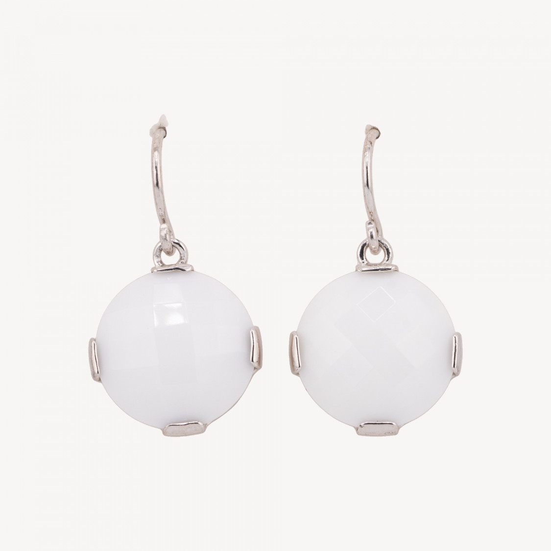 Boucles d'oreilles à levier en argent 925 et agate blanche ronde plate, 17 x 30 mm-ARGENT 925 DESIGN ITALIE | Worldofjewel.com