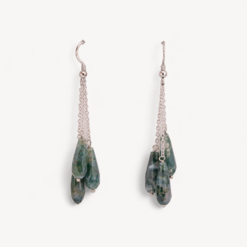 925 Silver Leverback Earrings with Chain and Moss Agate Drop