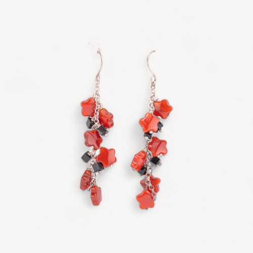 925 Silver Leverback Earrings with Rose Carnelian and Cubic Onyx 22x76mm