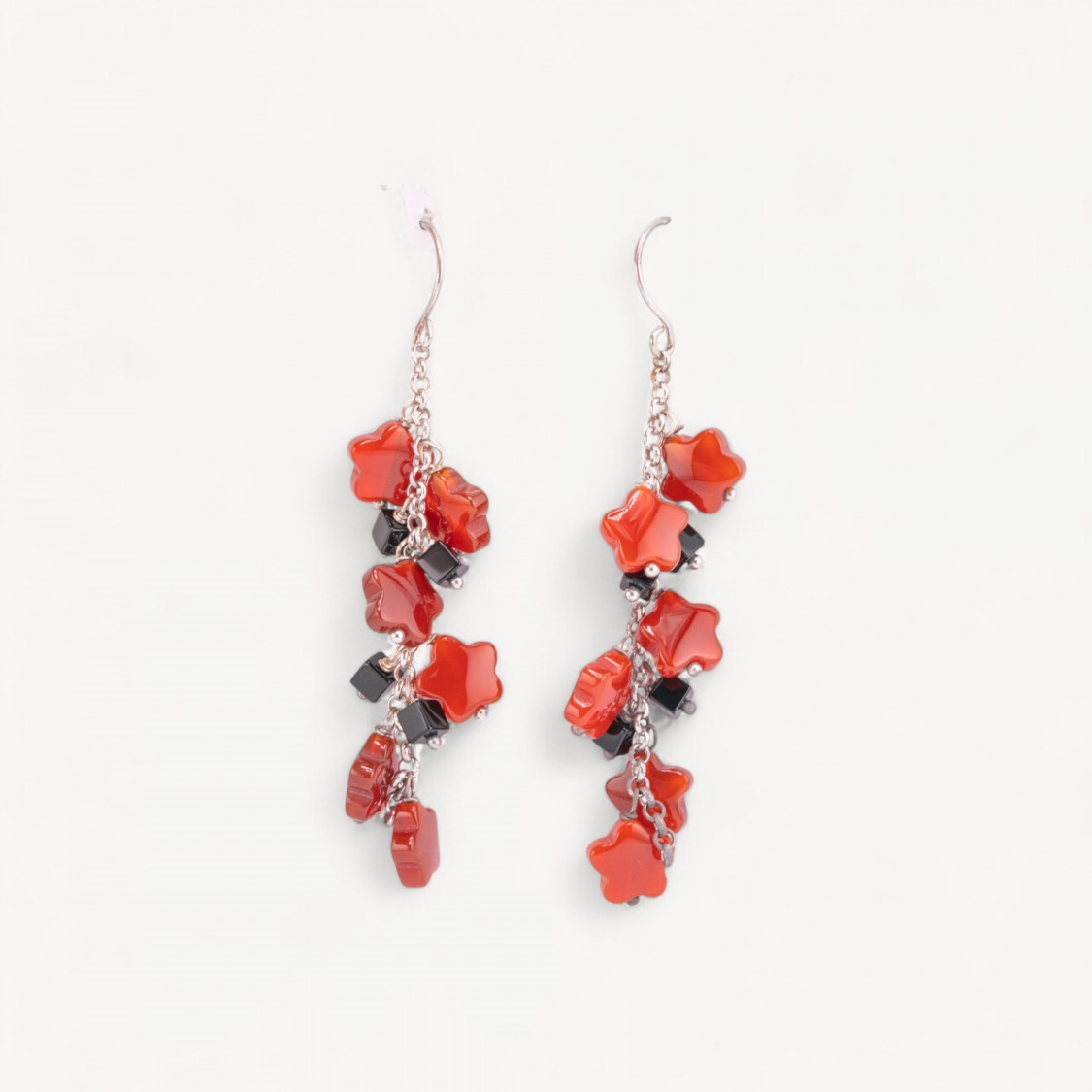 925 Silver Leverback Earrings with Rose Carnelian and Cubic Onyx 22x76mm-SILVER 925 DESIGN ITALY | Worldofjewel.com