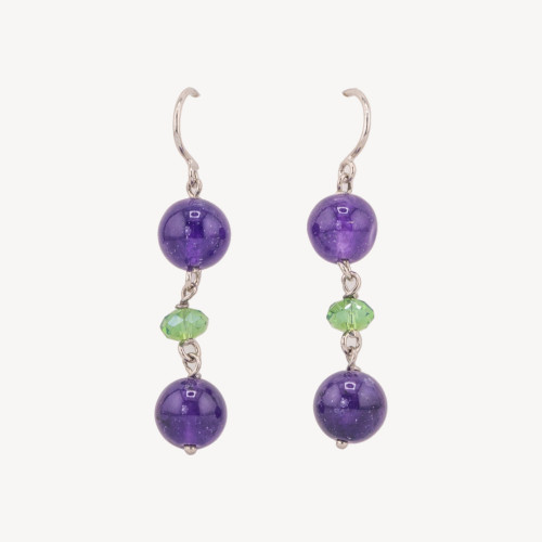 925 Silver Leverback Earrings with Purple Jade and 10x50mm Crystal Rondelles