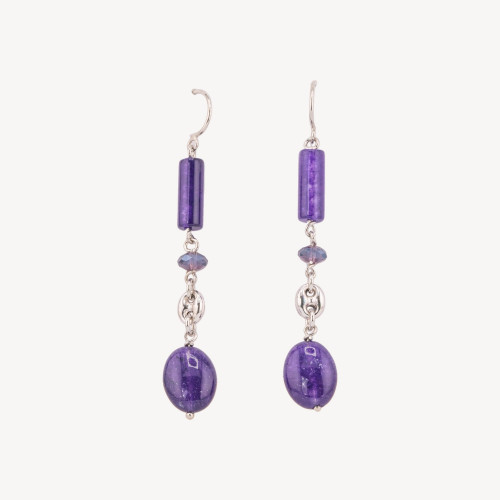 925 Silver Leverback Earrings with Purple Jade and 12x72mm Rhodium-Plated 925 Silver Creoles