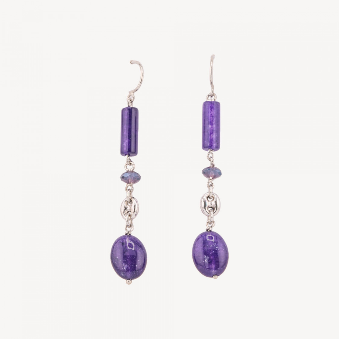 Pendientes de plata 925 con cierre de palanca, jade morado y criollas de plata 925 rodiadas de 12 x 72 mm-PLATA 925 DISEÑO ITALIA | Worldofjewel.com