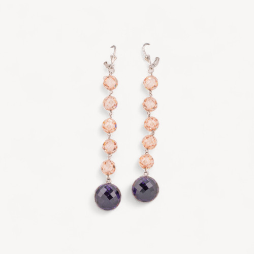 925 Silver Leverback Earrings with Faceted Natural Zirconia Spheres 14x92mm Champagne and Dark