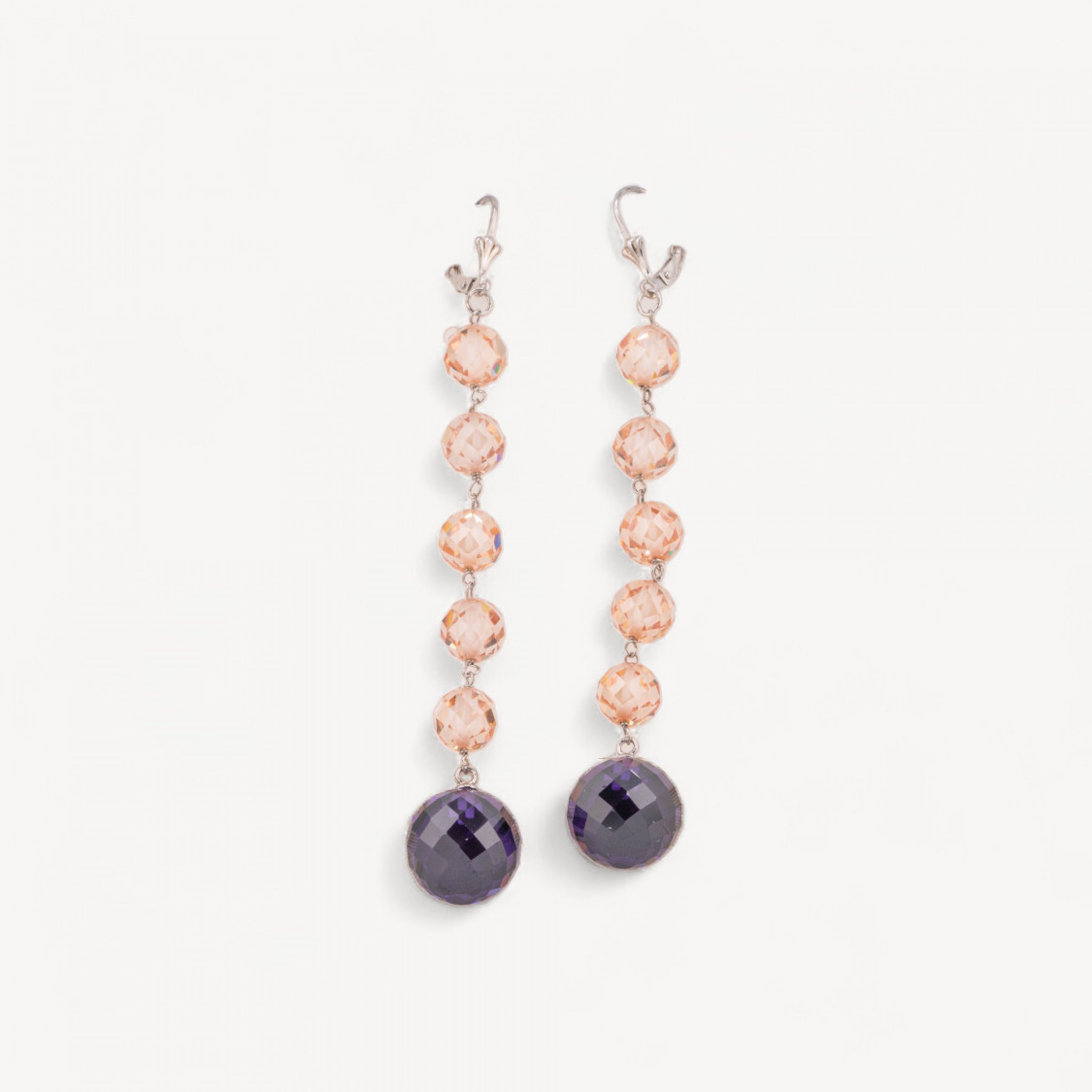 925 Silver Leverback Earrings with Faceted Natural Zirconia Spheres 14x92mm Champagne and Dark-SILVER 925 DESIGN ITALY | Worldofjewel.com