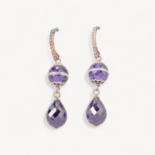Boucles d'oreilles à levier en argent 925 avec zircone sphérique à facettes et pendants en zircone violette à facettes (10 x 50 