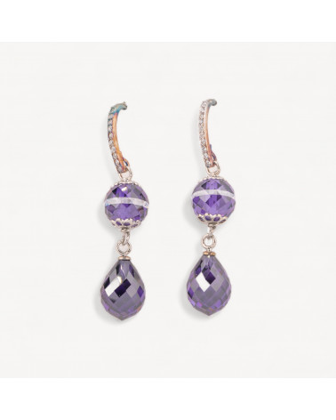 Orecchini A Monachella Di Argento 925 Con Zirconi A Sfera Sfaccettata E Gocce Briollette Sfaccettate Viola 10x50mm-PLATA 925 DISEÑO ITALIA | Worldofjewel.com