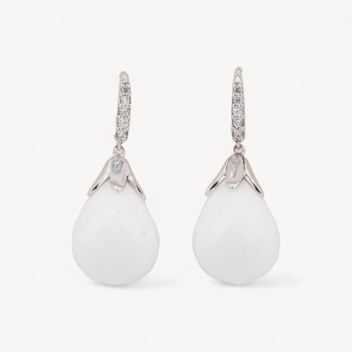 Pendientes de plata 925 con cierre de palanca, circonitas y gota de ágata blanca de 16 x 40 mm