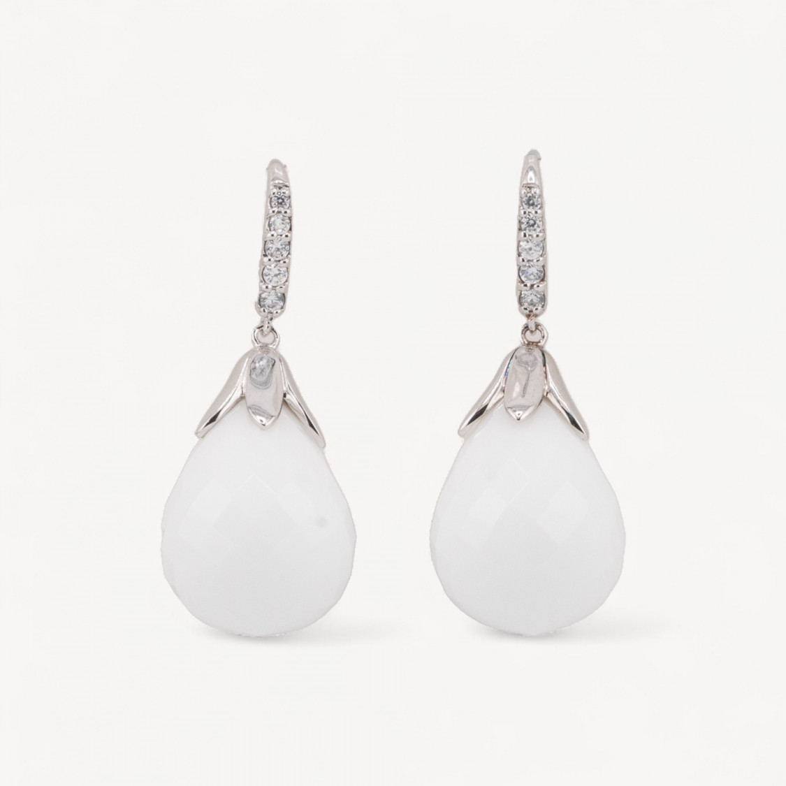 Orecchini A Monachella Di Argento 925 Con Zirconi E Goccia Di Agata Bianca 16x40mm-PLATA 925 DISEÑO ITALIA | Worldofjewel.com