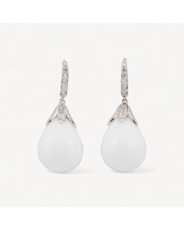 Orecchini A Monachella Di Argento 925 Con Zirconi E Goccia Di Agata Bianca 16x40mm-PLATA 925 DISEÑO ITALIA | Worldofjewel.com