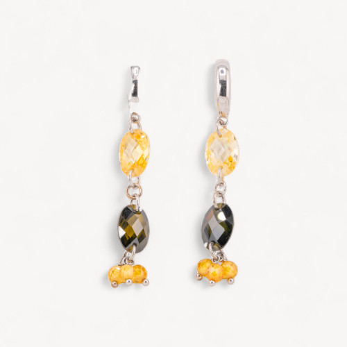 925 Silver Leverback Earrings with Flat Oval Faceted Zirconia and Small 10x65mm Spheres