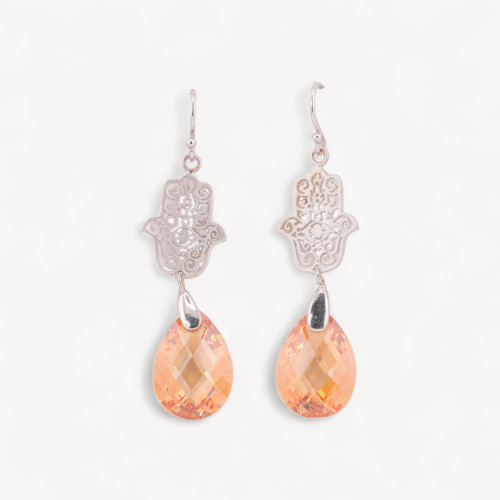 Pendientes colgantes de plata 925 con filigrana satinada y circonitas cúbicas naranjas (13 x 55 mm)