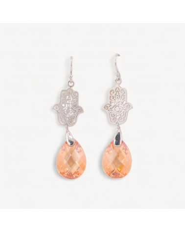 Orecchini A Monachella Di Argento 925 Mano in Filigrana Satinata Con Cubic Zirconia Arancio 13x55mm-ARGENT 925 DESIGN ITALIE | Worldofjewel.com