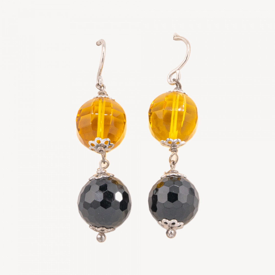 Orecchini A Monachella Di Argento 925 Rodiato Con Zirconi Ambra E Onice Sfaccettati 13x50mm-SILBER 925 DESIGN ITALIEN | Worldofjewel.com