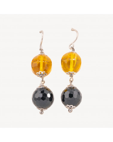 Orecchini A Monachella Di Argento 925 Rodiato Con Zirconi Ambra E Onice Sfaccettati 13x50mm-SILBER 925 DESIGN ITALIEN | Worldofjewel.com