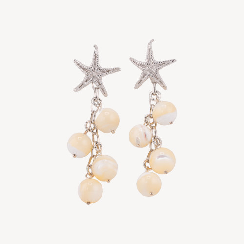 Pendientes de plata 925 con cierre de palanca y racimo de estrellas de mar y nácar blanco