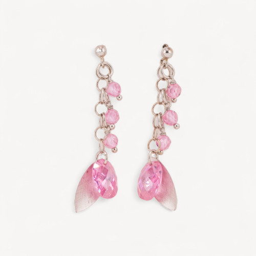 925 Silver Stud Earrings with Silver Leaves and Pink Faceted Oval Zirconia 15x50mm