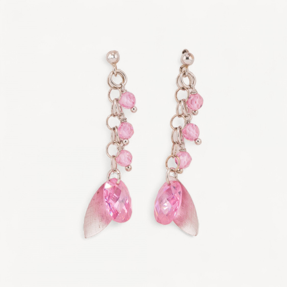925 Silver Stud Earrings with Silver Leaves and Pink Faceted Oval Zirconia 15x50mm-SILVER 925 DESIGN ITALY | Worldofjewel.com