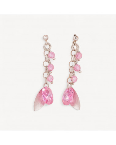 Orecchini A Perno Di Argento 925 Con Foglie Di Argento E Zirconi Ovali Sfaccettati Rosa 15x50mm-SILBER 925 DESIGN ITALIEN | Worldofjewel.com