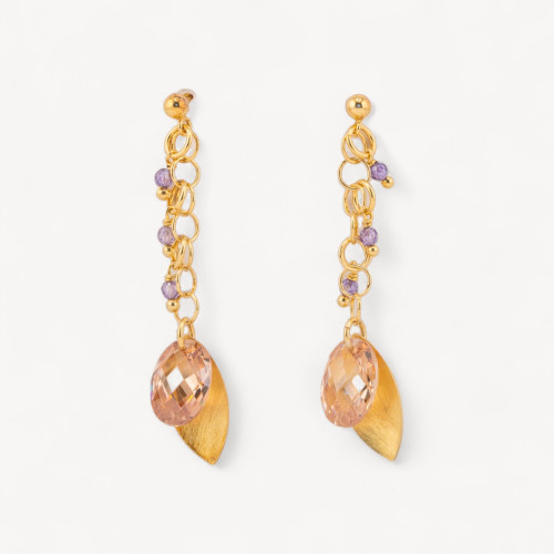 Boucles d'oreilles puces en argent 925 avec feuilles d'argent et zircone ovale à facettes 15 x 50 mm