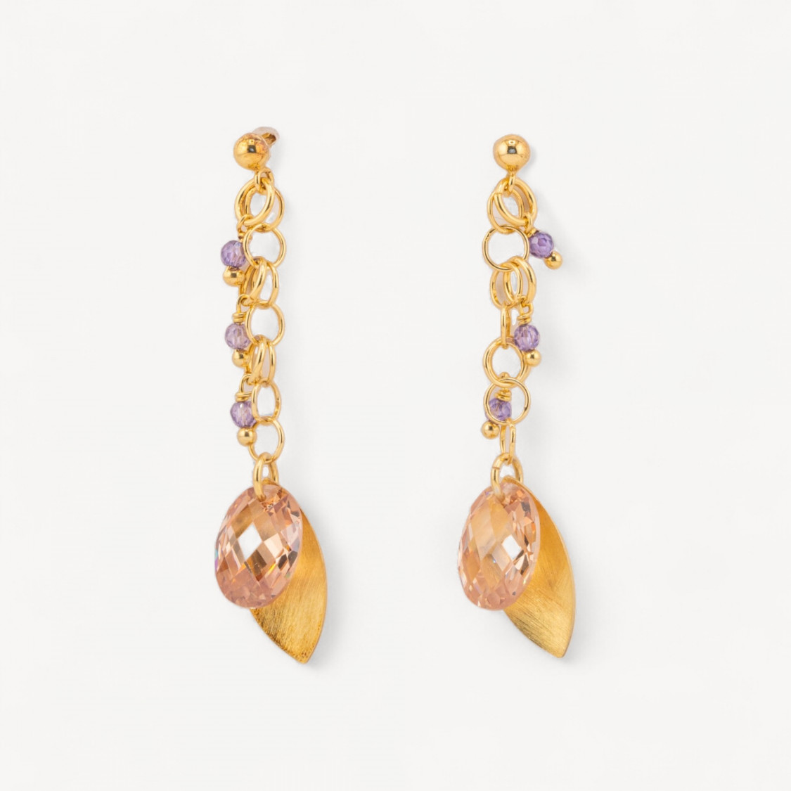 Orecchini A Perno Di Argento 925 Con Foglie Di Argento E Zirconi Ovali Sfaccettato 15x50mm-ARGENT 925 DESIGN ITALIE | Worldofjewel.com