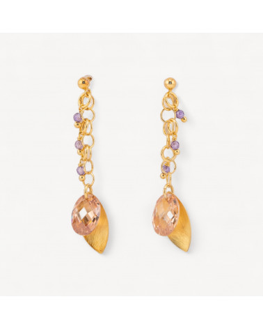 Orecchini A Perno Di Argento 925 Con Foglie Di Argento E Zirconi Ovali Sfaccettato 15x50mm-ARGENT 925 DESIGN ITALIE | Worldofjewel.com
