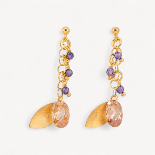 Pendientes de Plata 925 con Hojas de Plata y Circonitas Facetadas Ovaladas 15x50mm Naranja con Morado