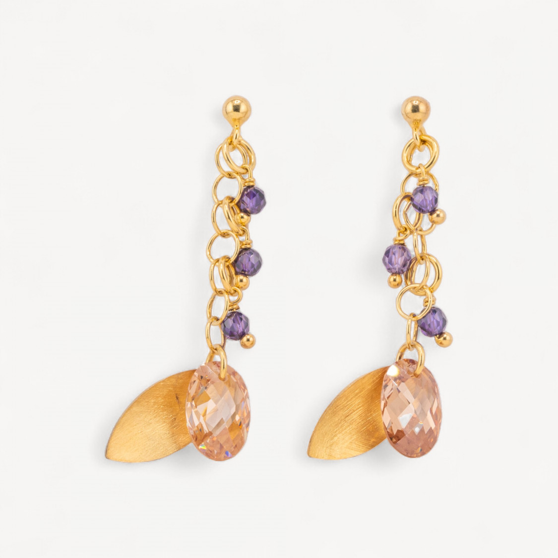 Boucles d'oreilles puces en argent 925 avec feuilles d'argent et zircone ovale à facettes 15 x 50 mm orange et violette-ARGENT 925 DESIGN ITALIE | Worldofjewel.com