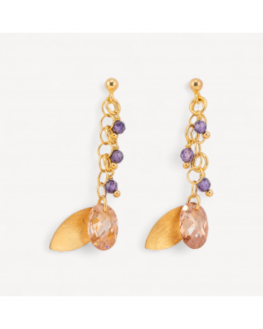 Orecchini A Perno Di Argento 925 Con Foglie Di Argento E Zirconi Ovali Sfaccettato 15x50mm Arancio Con Viola-ΑΣΗΜΙ 925 ΣΧΕΔΙΟ ΙΤΑΛΙΑ | Worldofjewel.com