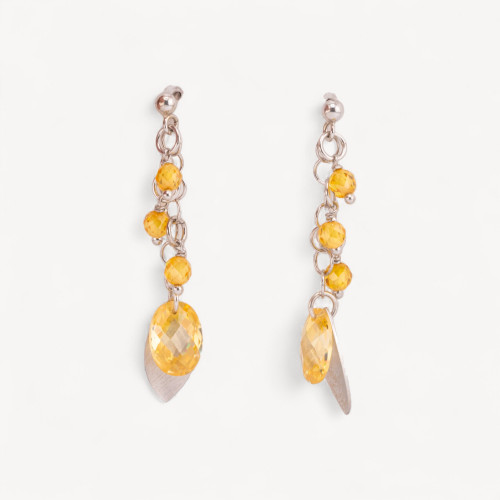 925 Silver Stud Earrings with Silver Leaves and Oval Faceted Zirconia 15x50mm Yellow Topaz