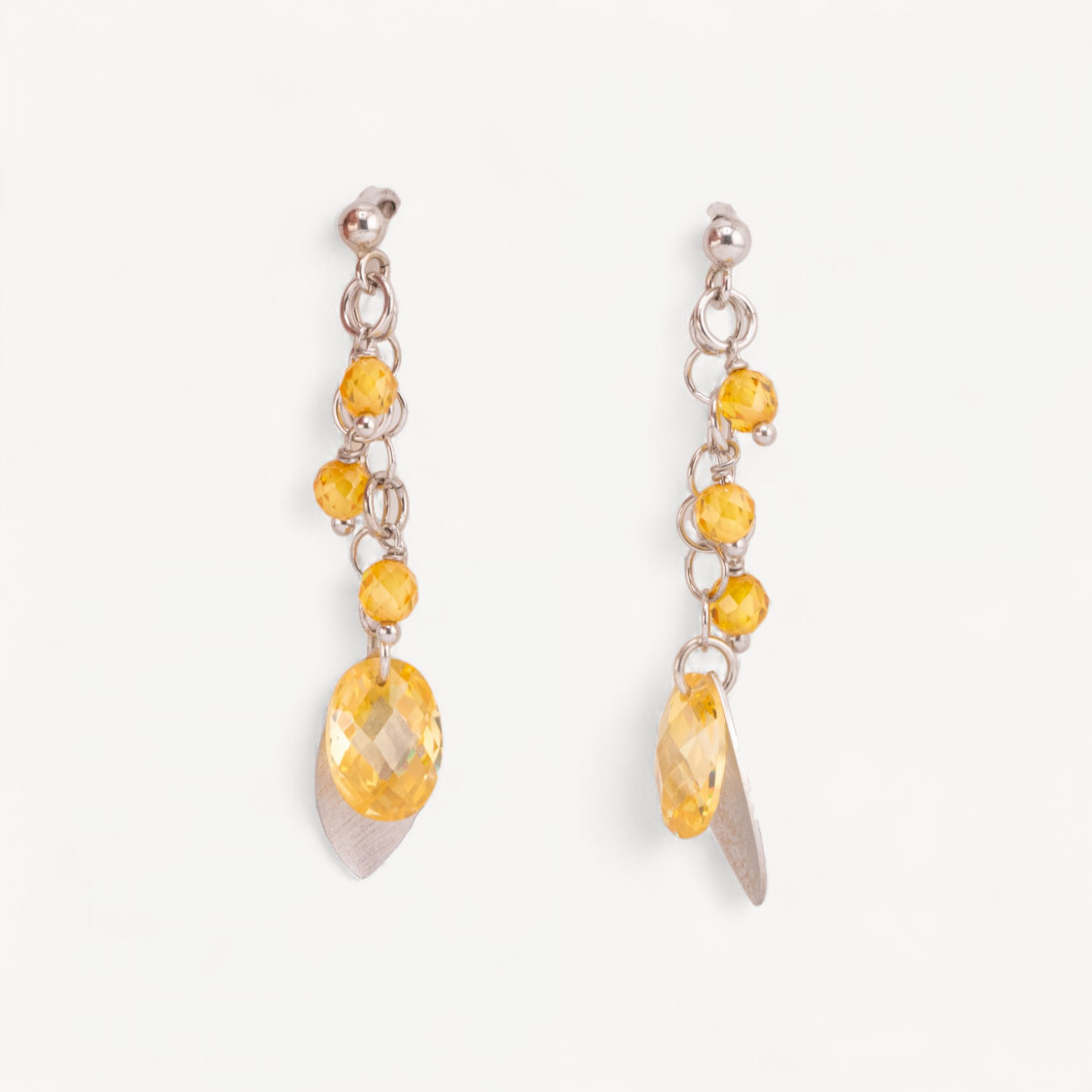 Orecchini A Perno Di Argento 925 Con Foglie Di Argento E Zirconi Ovali Sfaccettato 15x50mm Topazio Giallo-SILBER 925 DESIGN ITALIEN | Worldofjewel.com