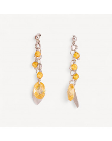 Orecchini A Perno Di Argento 925 Con Foglie Di Argento E Zirconi Ovali Sfaccettato 15x50mm Topazio Giallo-SILBER 925 DESIGN ITALIEN | Worldofjewel.com